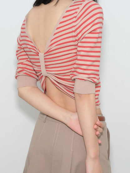 lvetong Backless Slim Street V-neck Cropped Red Stripe Women Short Sleeve T-Shirts