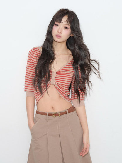 lvetong Backless Slim Street V-neck Cropped Red Stripe Women Short Sleeve T-Shirts