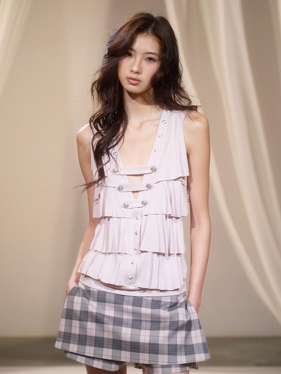 lvetong Bamboo Viscose Ruffle V-neck Relaxed H Shape Casual Women Gray Pink Tank Tops