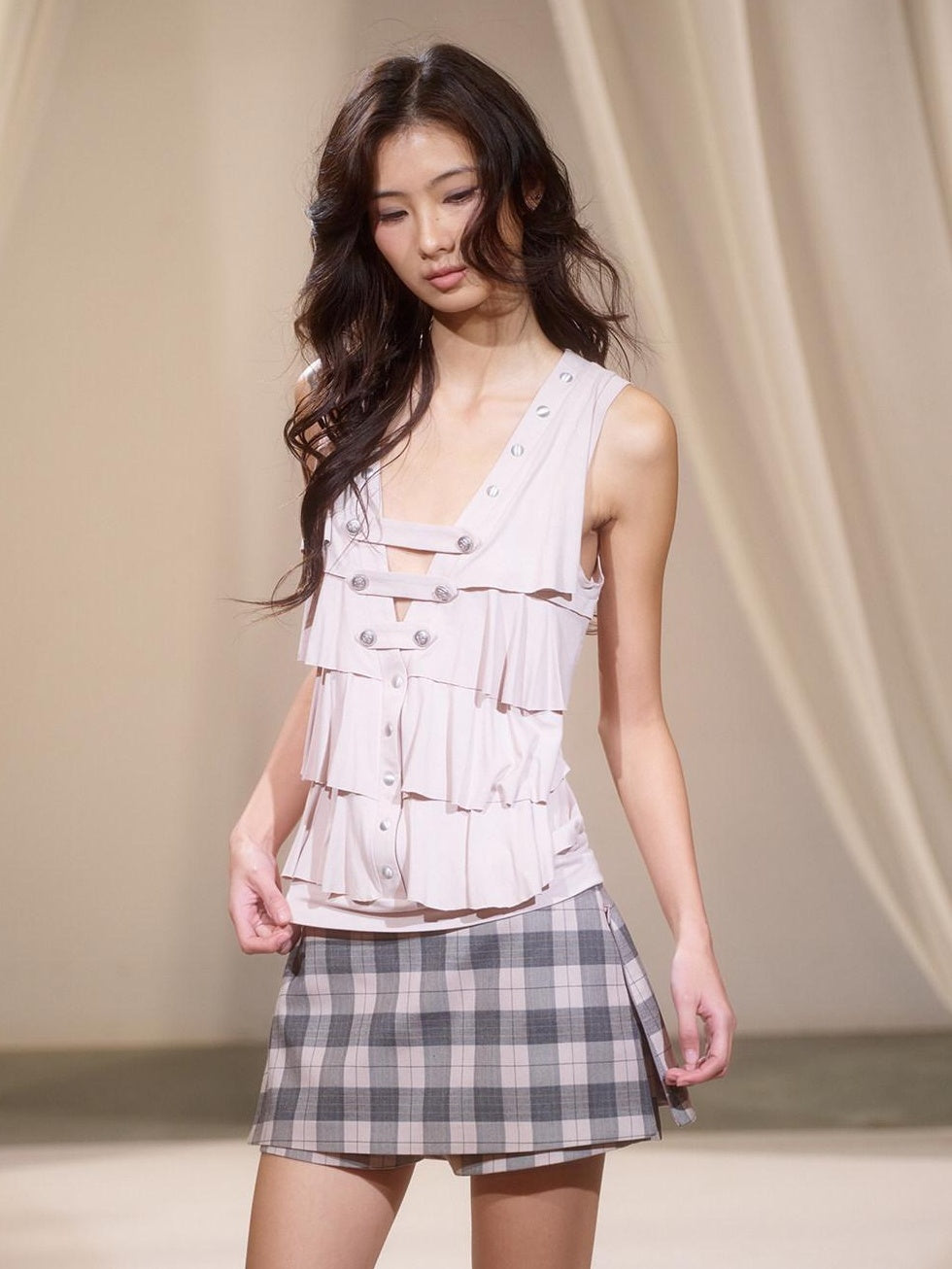 lvetong Bamboo Viscose Ruffle V-neck Relaxed H Shape Casual Women Gray Pink Tank Tops