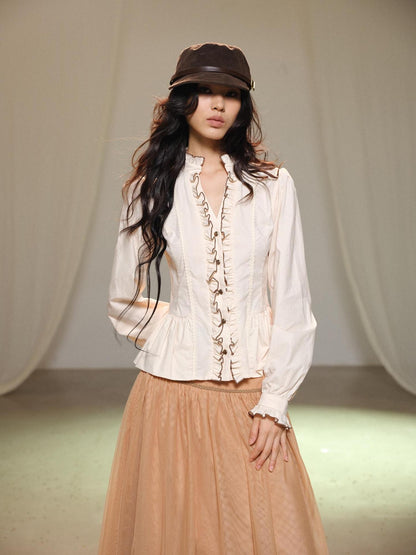 lvetong Beige Bubble Sleeve Ruffle Trim Splice Cinched Waist Women&