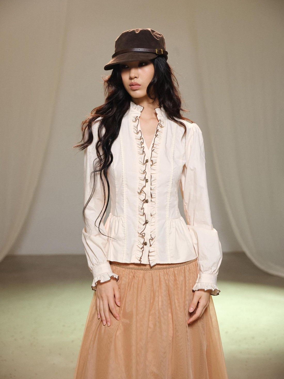 lvetong Beige Bubble Sleeve Ruffle Trim Splice Cinched Waist Women&
