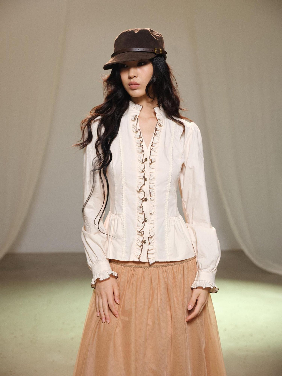 lvetong Beige Bubble Sleeve Ruffle Trim Splice Cinched Waist Women&