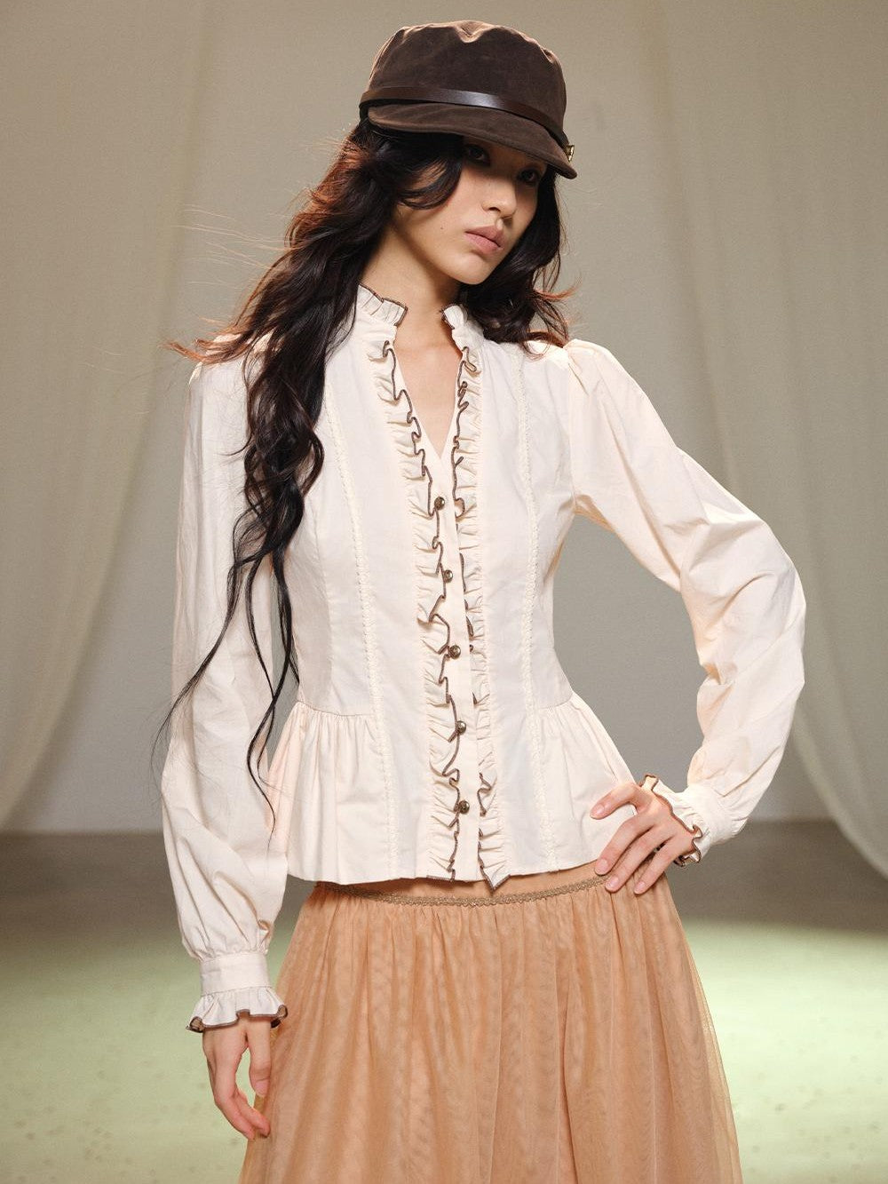 lvetong Beige Bubble Sleeve Ruffle Trim Splice Cinched Waist Women&