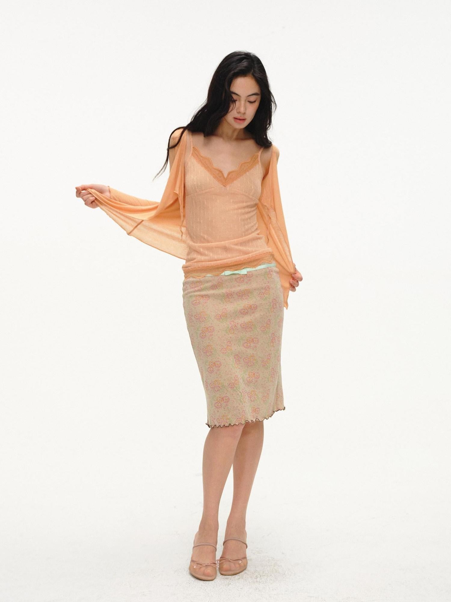 lvetong Beige Jacquard Floral Knit Rolled Edge Low Waist Women&
