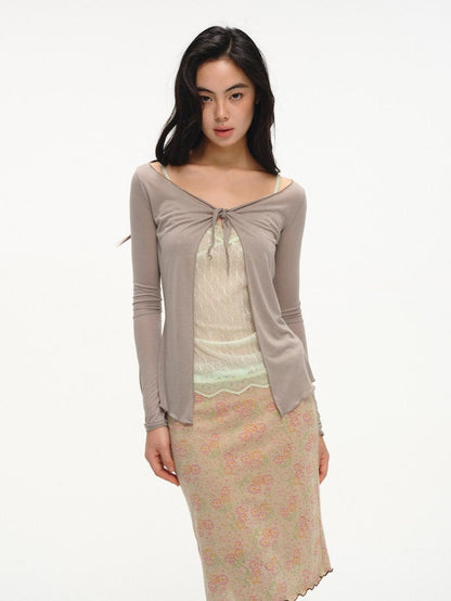 lvetong Beige Jacquard Floral Knit Rolled Edge Low Waist Women&