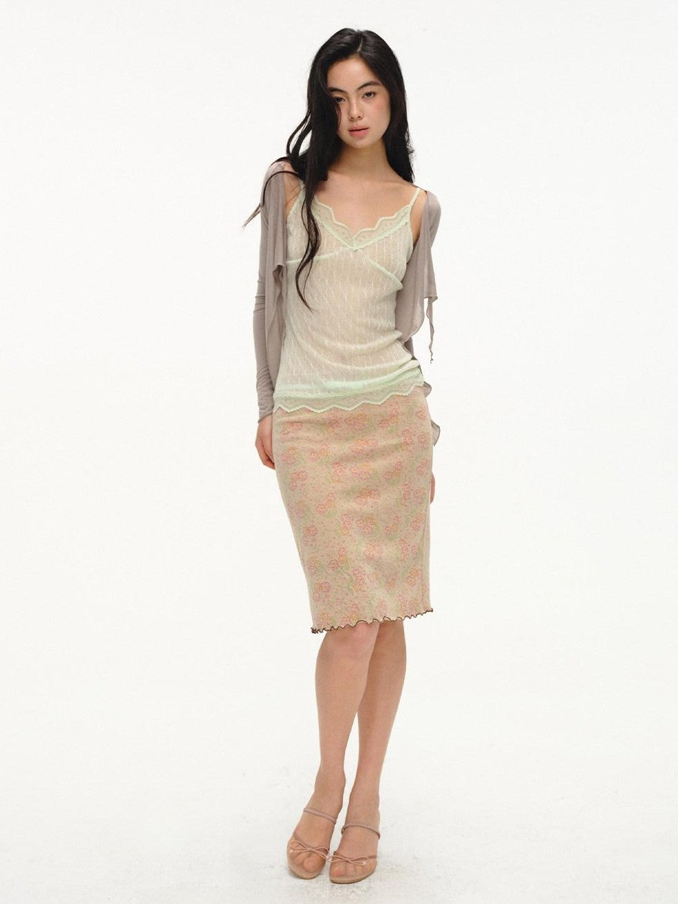 lvetong Beige Jacquard Floral Knit Rolled Edge Low Waist Women&