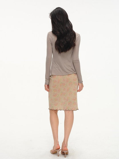 lvetong Beige Jacquard Floral Knit Rolled Edge Low Waist Women&