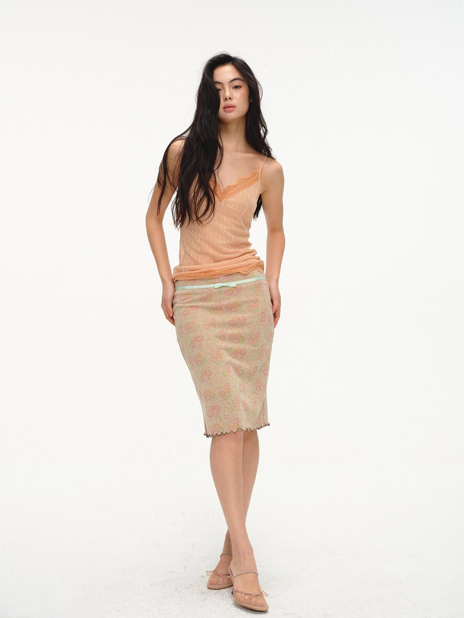 lvetong Beige Jacquard Floral Knit Rolled Edge Low Waist Women&
