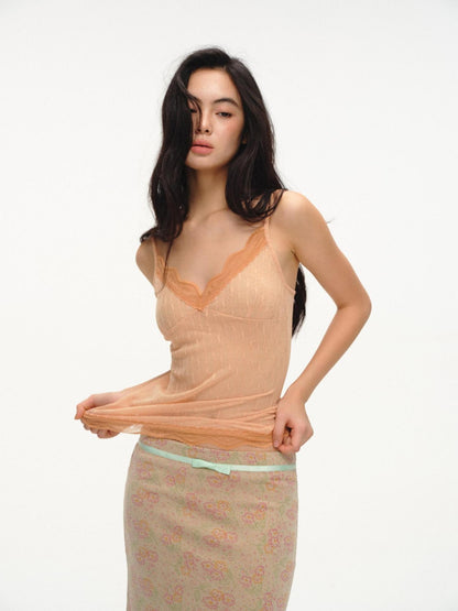 lvetong Beige Jacquard Floral Knit Rolled Edge Low Waist Women&