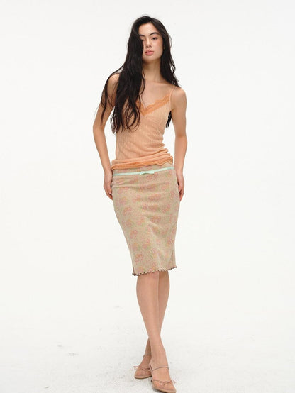 lvetong Beige Jacquard Floral Knit Rolled Edge Low Waist Women&