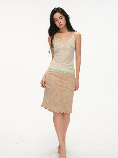 lvetong Beige Jacquard Floral Knit Rolled Edge Low Waist Women&