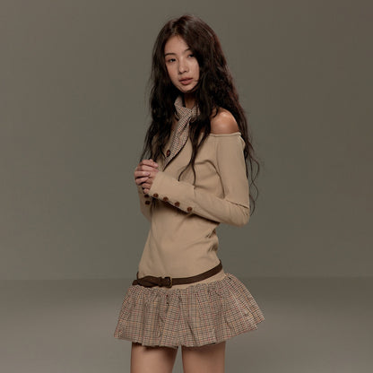 lvetong Beige Patchwork Bardot Long Sleeve Cinched Waist Slim Fit Casual Mini Dresses