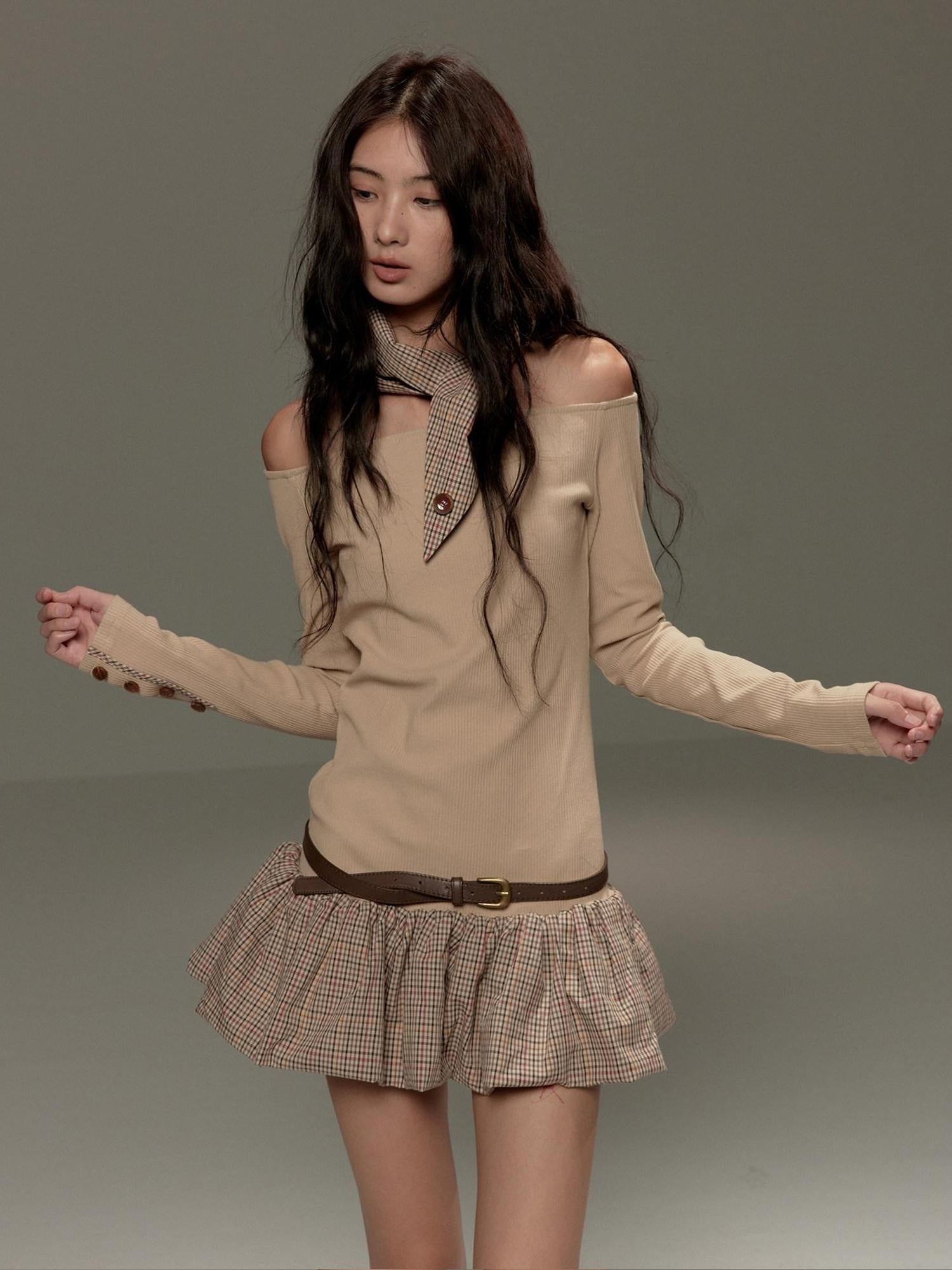 lvetong Beige Patchwork Bardot Long Sleeve Cinched Waist Slim Fit Casual Mini Dresses
