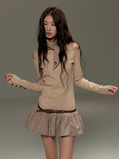 lvetong Beige Patchwork Bardot Long Sleeve Cinched Waist Slim Fit Casual Mini Dresses