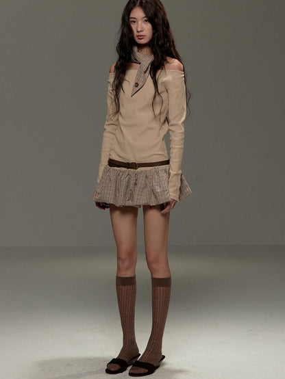 lvetong Beige Patchwork Bardot Long Sleeve Cinched Waist Slim Fit Casual Mini Dresses
