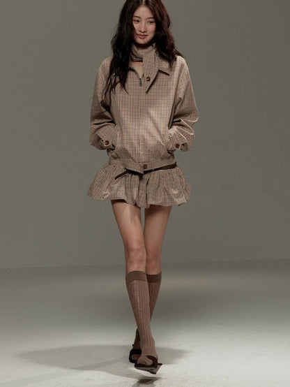 lvetong Beige Patchwork Bardot Long Sleeve Cinched Waist Slim Fit Casual Mini Dresses