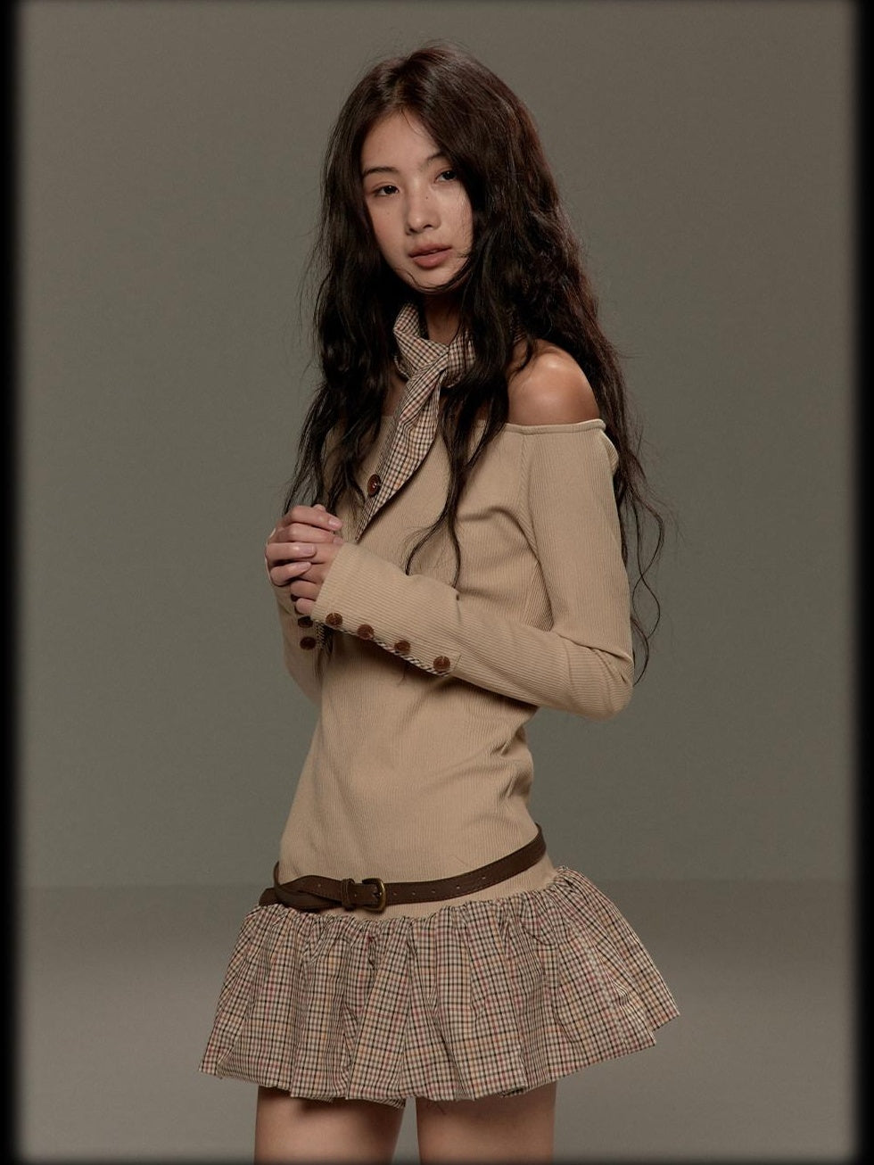 lvetong Beige Patchwork Bardot Long Sleeve Cinched Waist Slim Fit Casual Mini Dresses