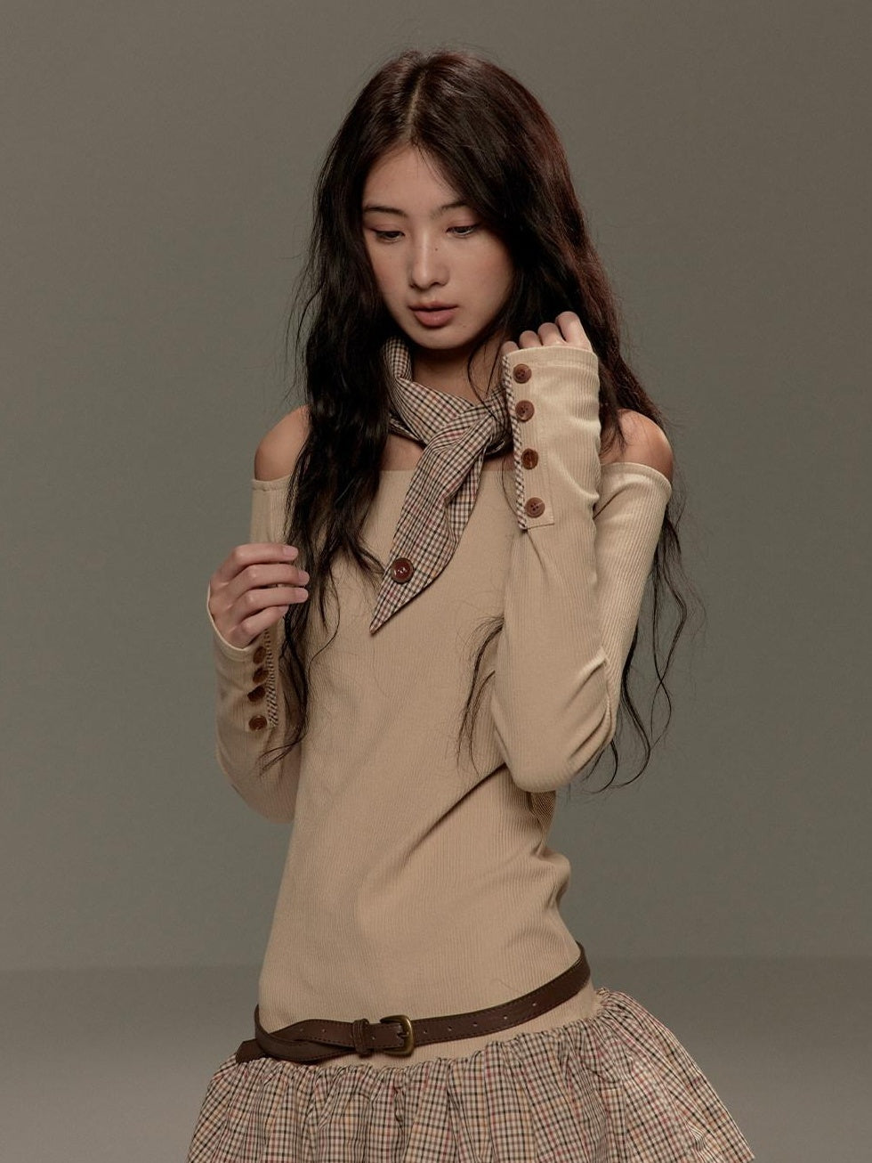 lvetong Beige Patchwork Bardot Long Sleeve Cinched Waist Slim Fit Casual Mini Dresses