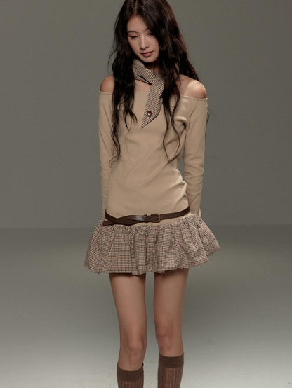 lvetong Beige Patchwork Bardot Long Sleeve Cinched Waist Slim Fit Casual Mini Dresses