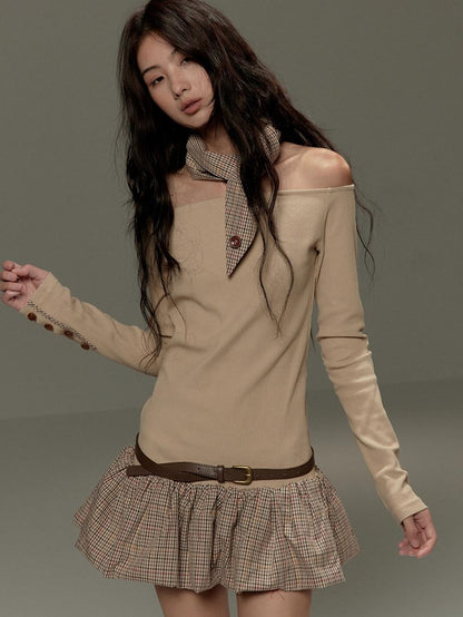 lvetong Beige Patchwork Bardot Long Sleeve Cinched Waist Slim Fit Casual Mini Dresses