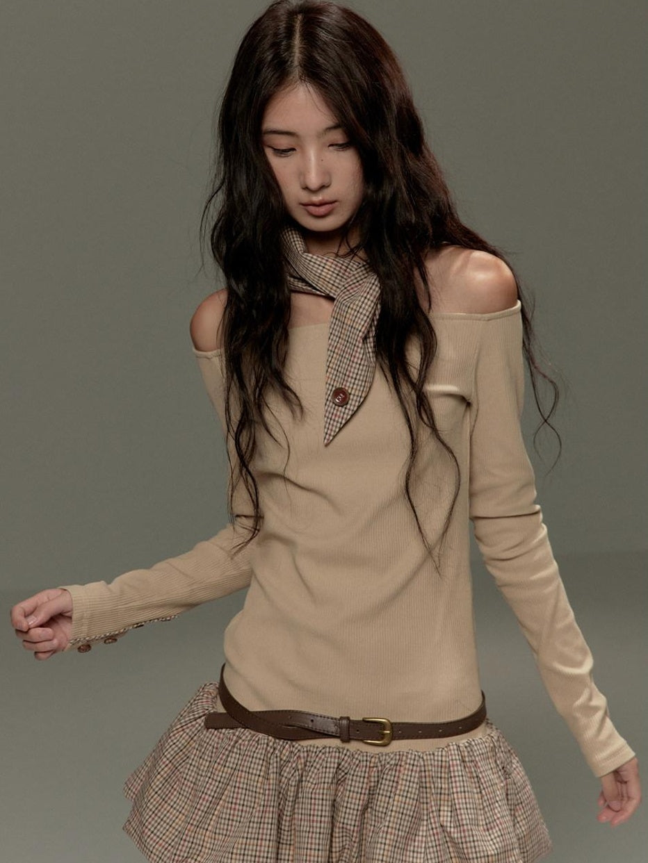 lvetong Beige Patchwork Bardot Long Sleeve Cinched Waist Slim Fit Casual Mini Dresses