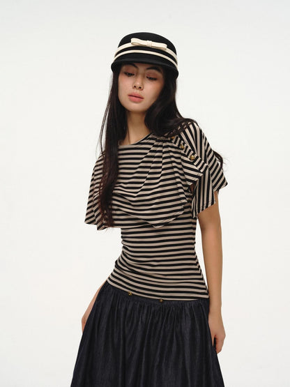 lvetong Black Striped Buttoned Shawl V-neck Slim Fit Women&