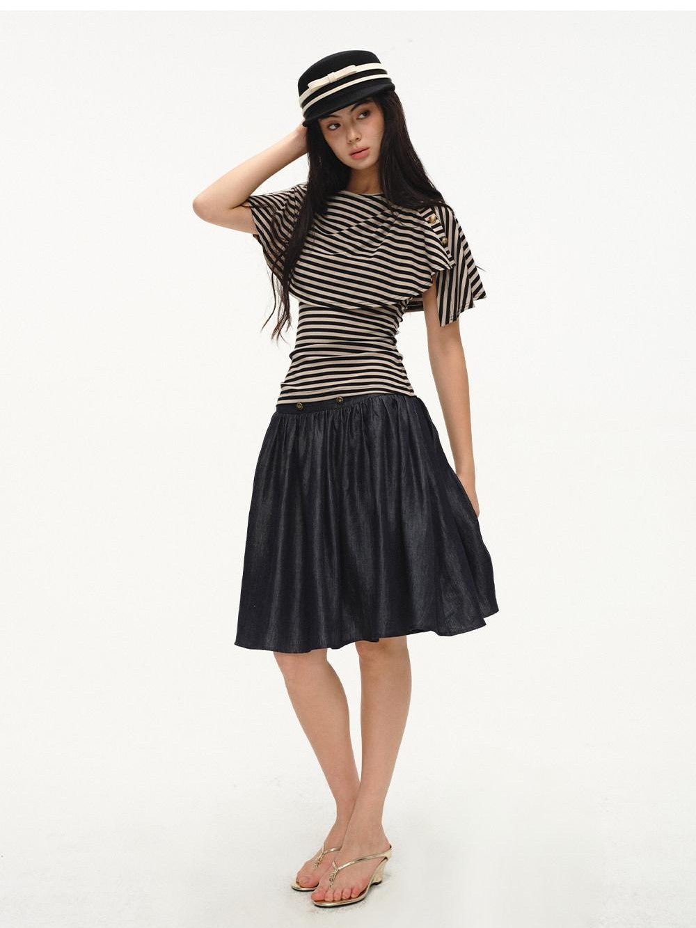lvetong Black Striped Buttoned Shawl V-neck Slim Fit Women&