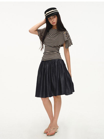 lvetong Black Striped Buttoned Shawl V-neck Slim Fit Women&