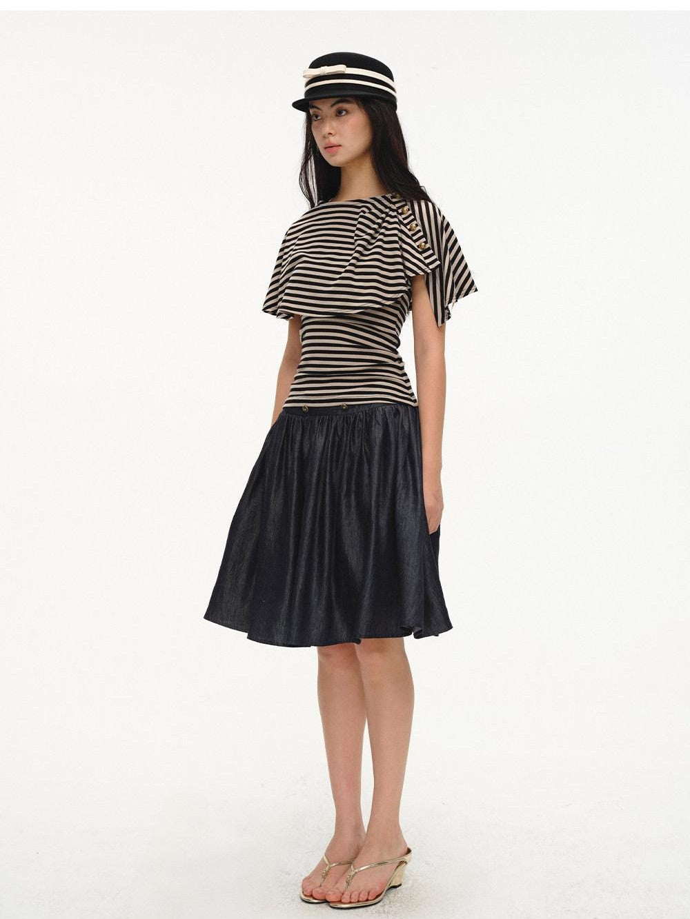 lvetong Black Striped Buttoned Shawl V-neck Slim Fit Women&
