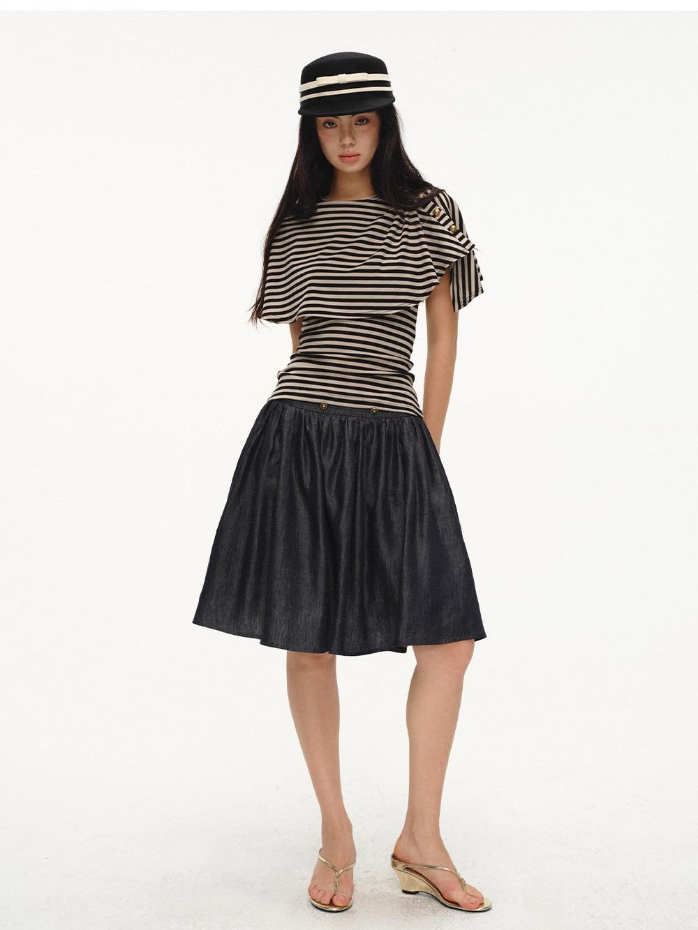 lvetong Black Striped Buttoned Shawl V-neck Slim Fit Women&
