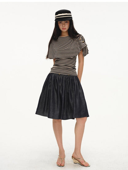 lvetong Black Striped Buttoned Shawl V-neck Slim Fit Women&