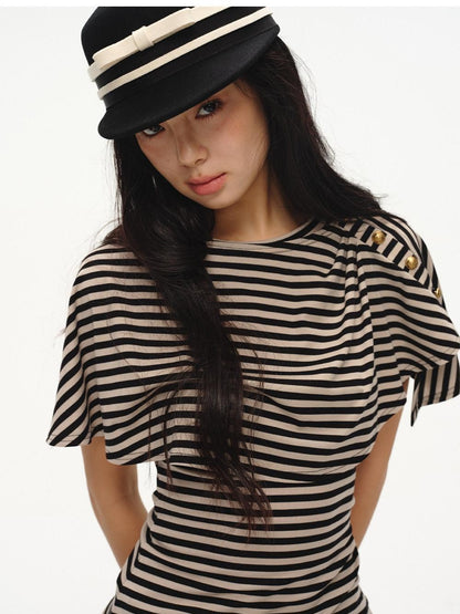 lvetong Black Striped Buttoned Shawl V-neck Slim Fit Women&
