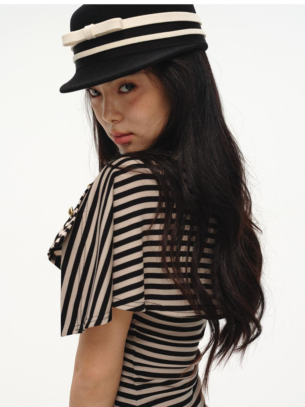 lvetong Black Striped Buttoned Shawl V-neck Slim Fit Women&