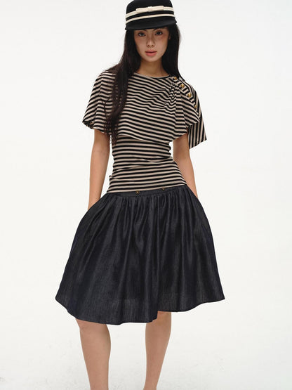 lvetong Black Striped Buttoned Shawl V-neck Slim Fit Women&