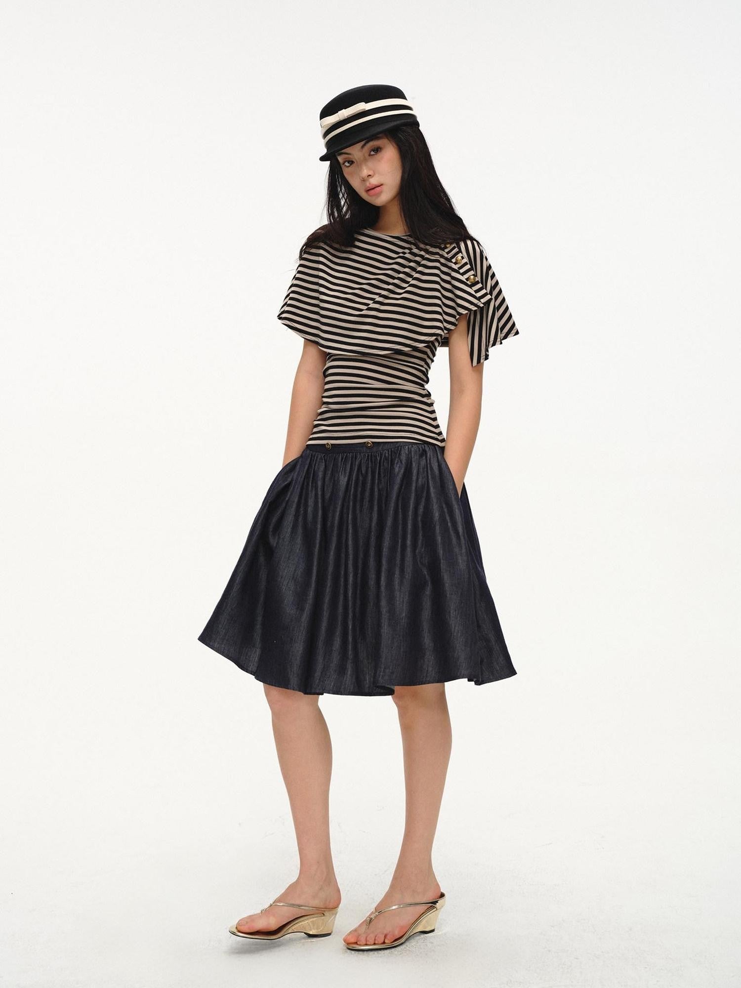 lvetong Black Striped Buttoned Shawl V-neck Slim Fit Women&