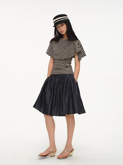 lvetong Black Striped Buttoned Shawl V-neck Slim Fit Women&