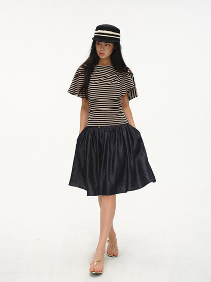 lvetong Black Striped Buttoned Shawl V-neck Slim Fit Women&