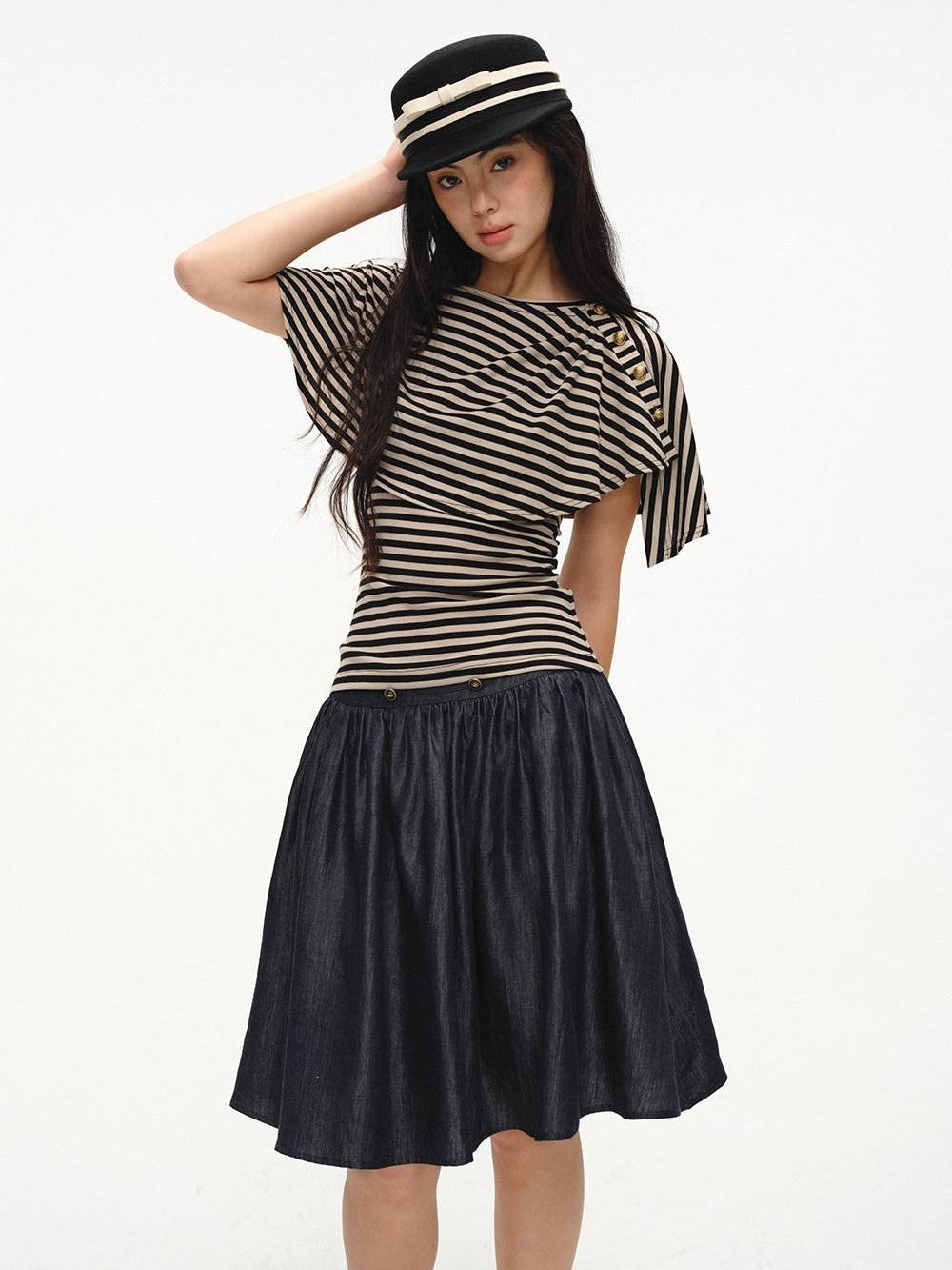 lvetong Black Striped Buttoned Shawl V-neck Slim Fit Women&