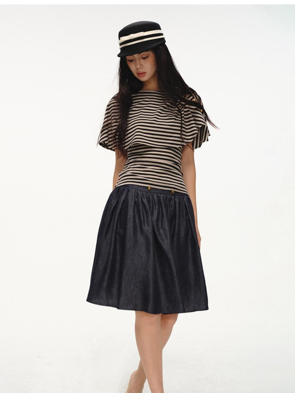 lvetong Black Striped Buttoned Shawl V-neck Slim Fit Women&
