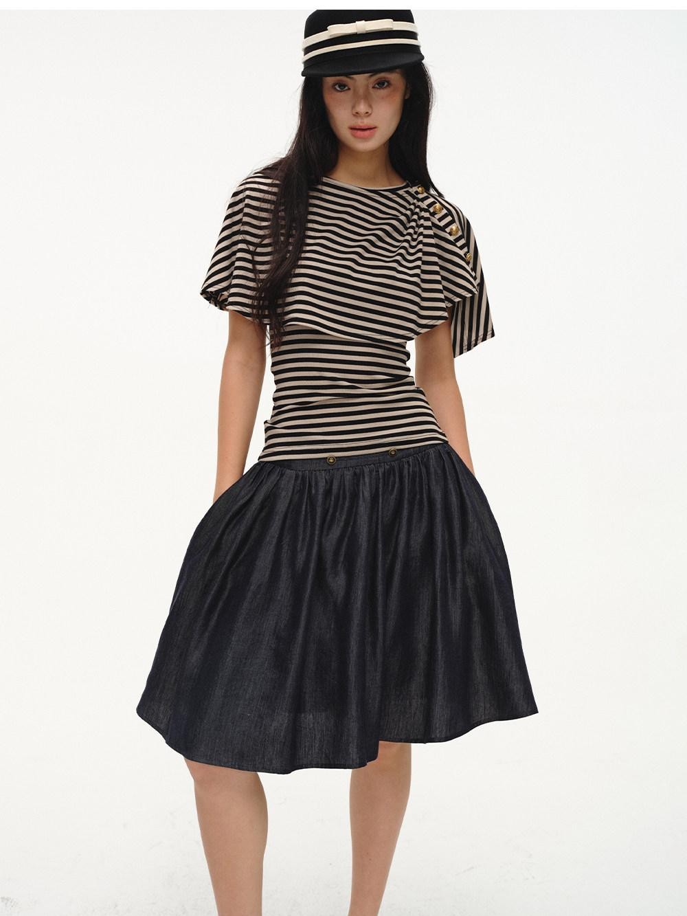 lvetong Black Striped Buttoned Shawl V-neck Slim Fit Women&