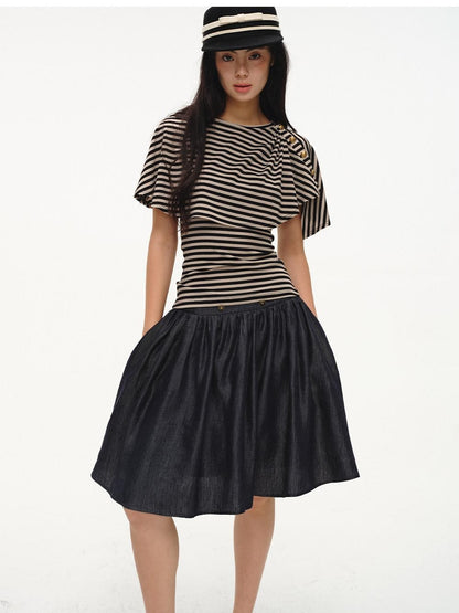 lvetong Black Striped Buttoned Shawl V-neck Slim Fit Women&