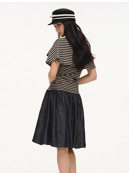 lvetong Black Striped Buttoned Shawl V-neck Slim Fit Women&