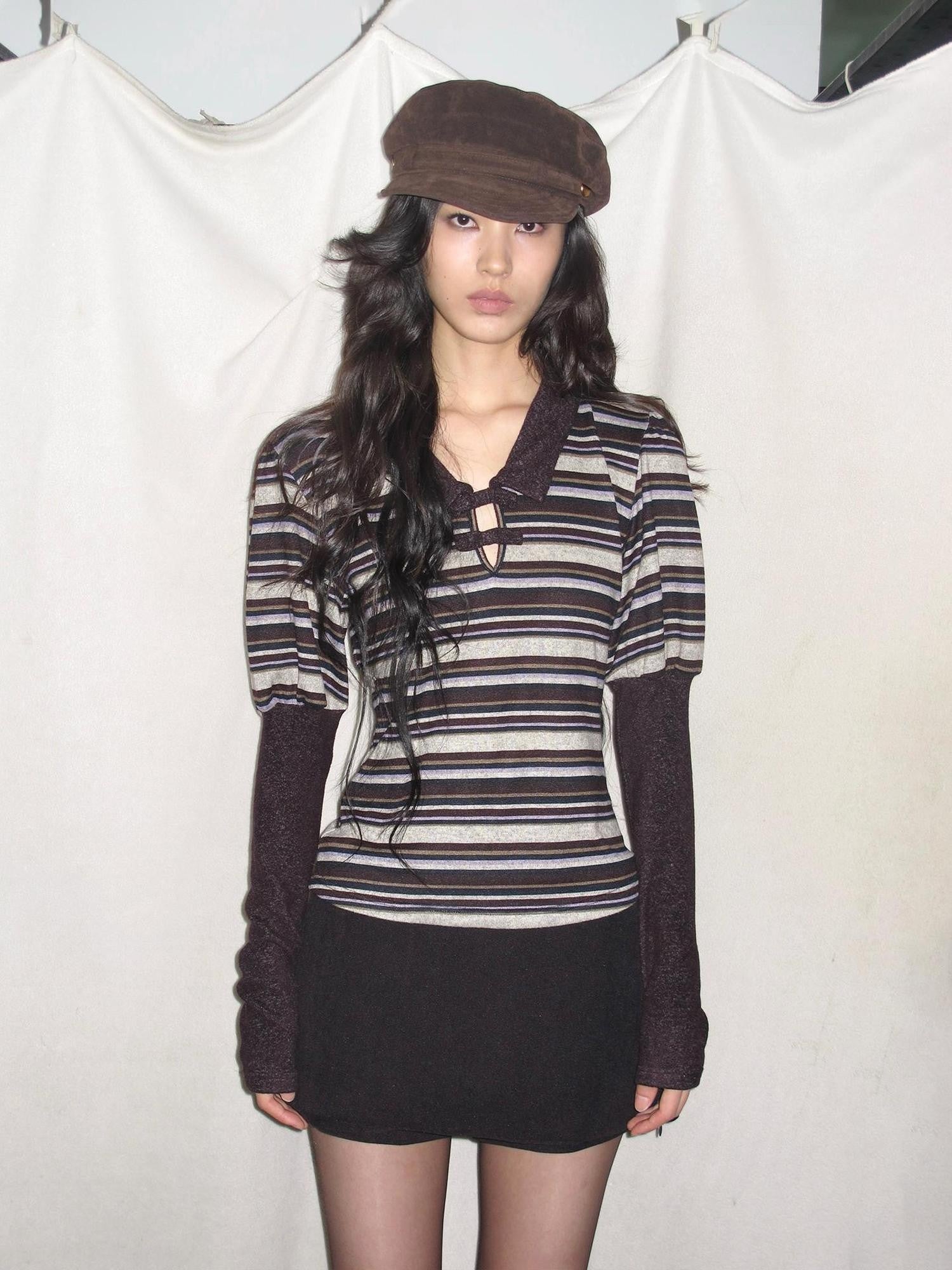 lvetong Bow Collar Contrast Puff Sleeve Striped Women&