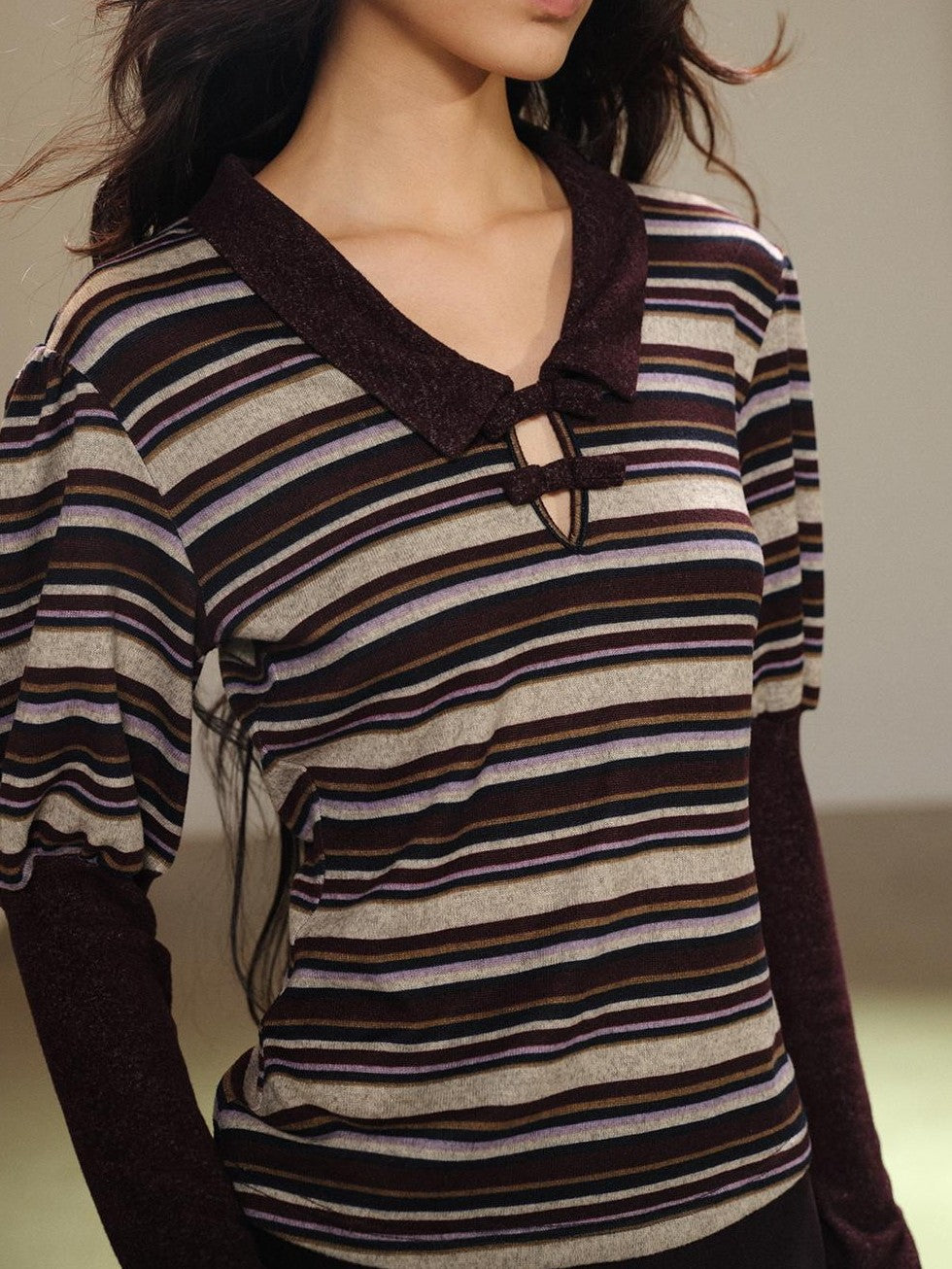 lvetong Bow Collar Contrast Puff Sleeve Striped Women&
