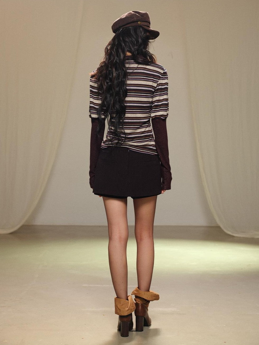 lvetong Bow Collar Contrast Puff Sleeve Striped Women&