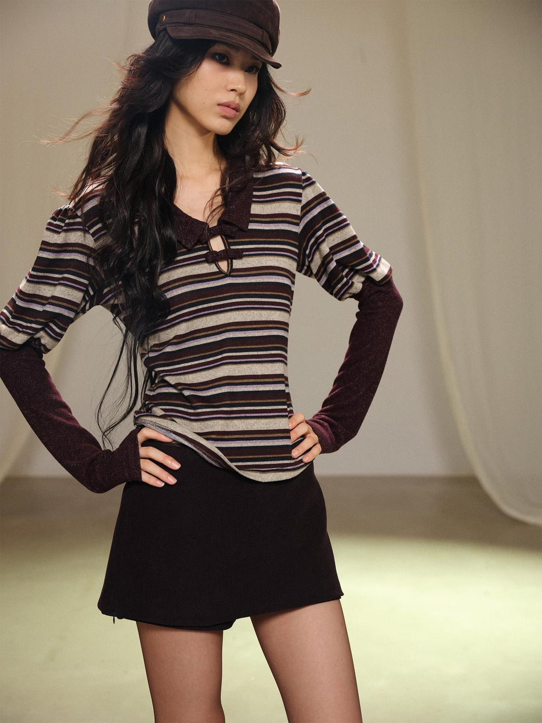 lvetong Bow Collar Contrast Puff Sleeve Striped Women&