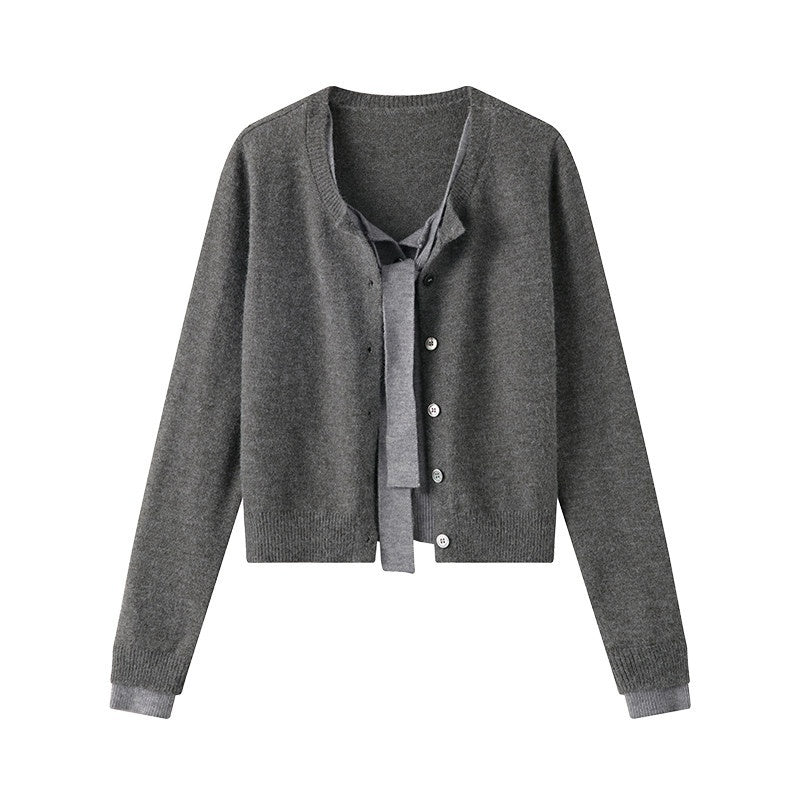 lvetong Bow Detail Faux Two Piece Loose Streetwear Button Front Knit Women Cardigans