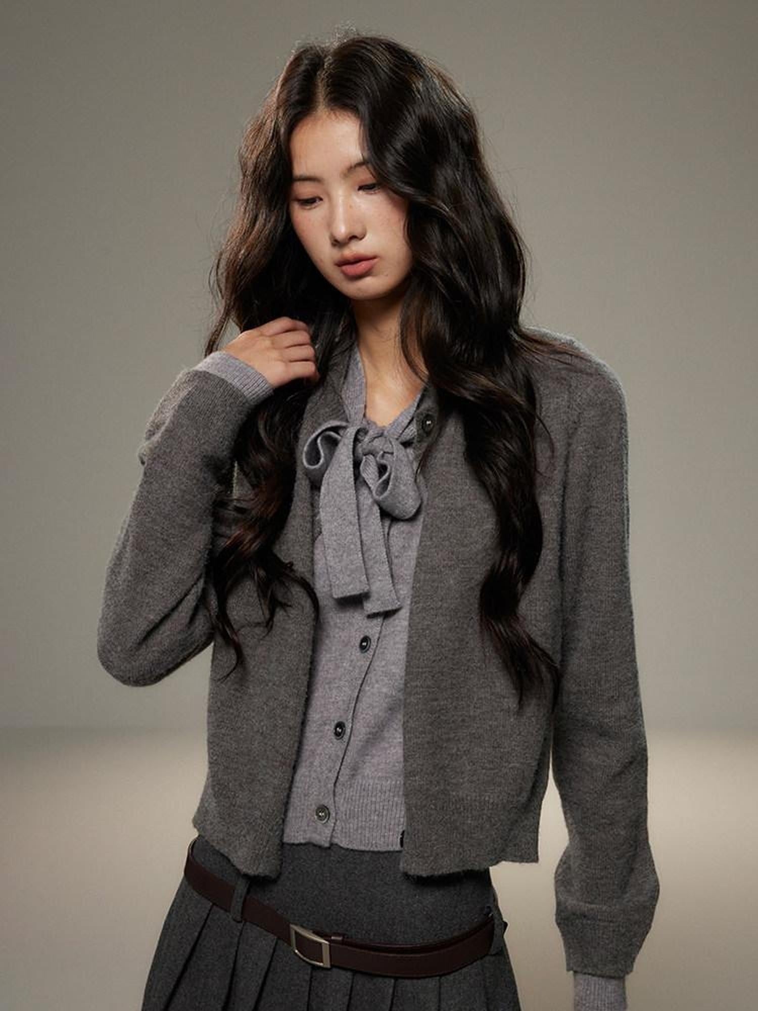 lvetong Bow Detail Faux Two Piece Loose Streetwear Button Front Knit Women Cardigans