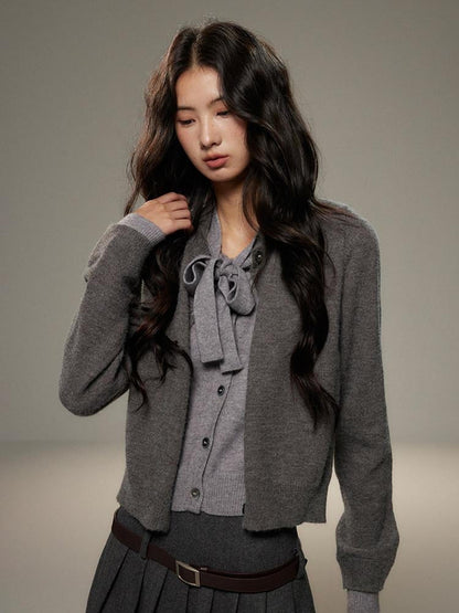 lvetong Bow Detail Faux Two Piece Loose Streetwear Button Front Knit Women Cardigans